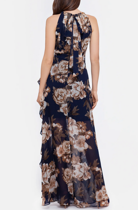 Betsy & Adam Ruffle-Trim Halter Gown