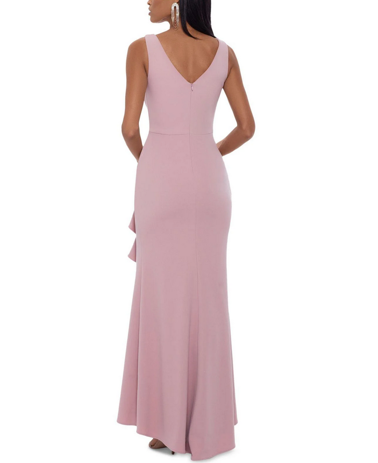 Betsy & Adam Petite Boat-Neck Waterfall Ruffle Detail Gown