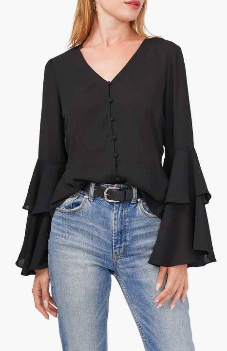 VINCE CAMUTO Bell Sleeve Button Front Blouse