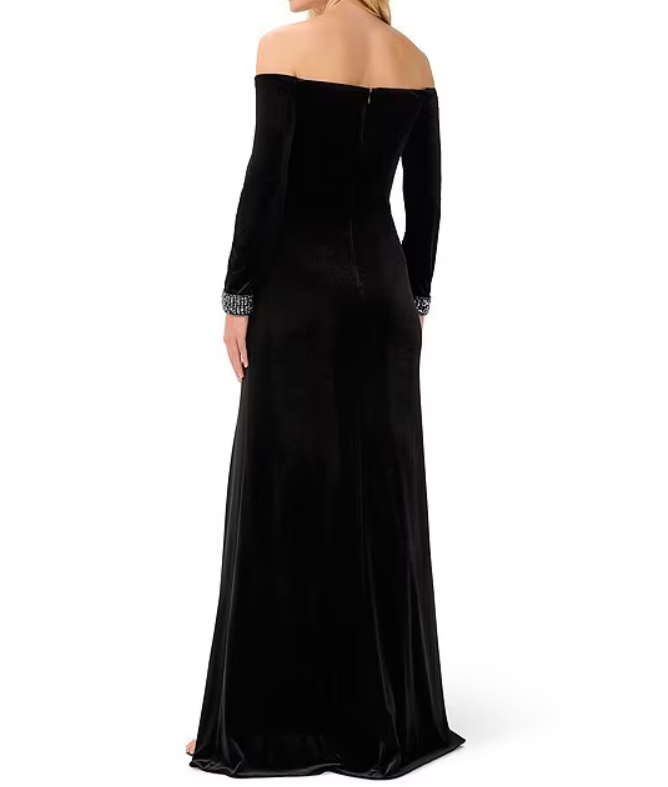 Adrianna Papell Off-the-Shoulder Beaded Cuff Gown