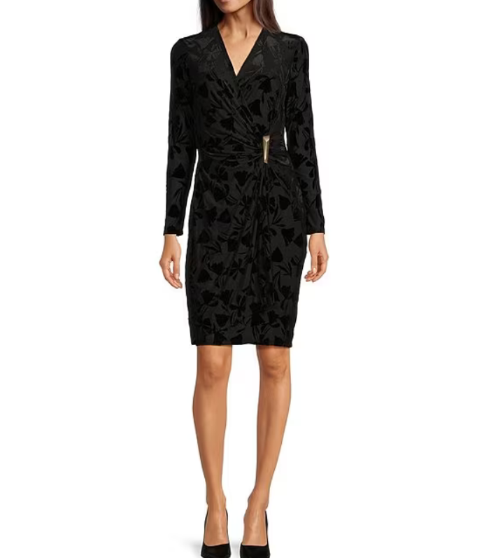 Calvin Klein V-Neck Burnout Velvet Faux Wrap Dress