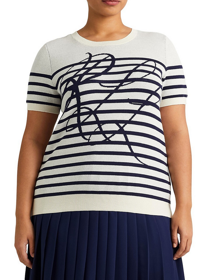 Lauren Ralph Lauren Plus Size Logo Striped Short-Sleeve Sweater