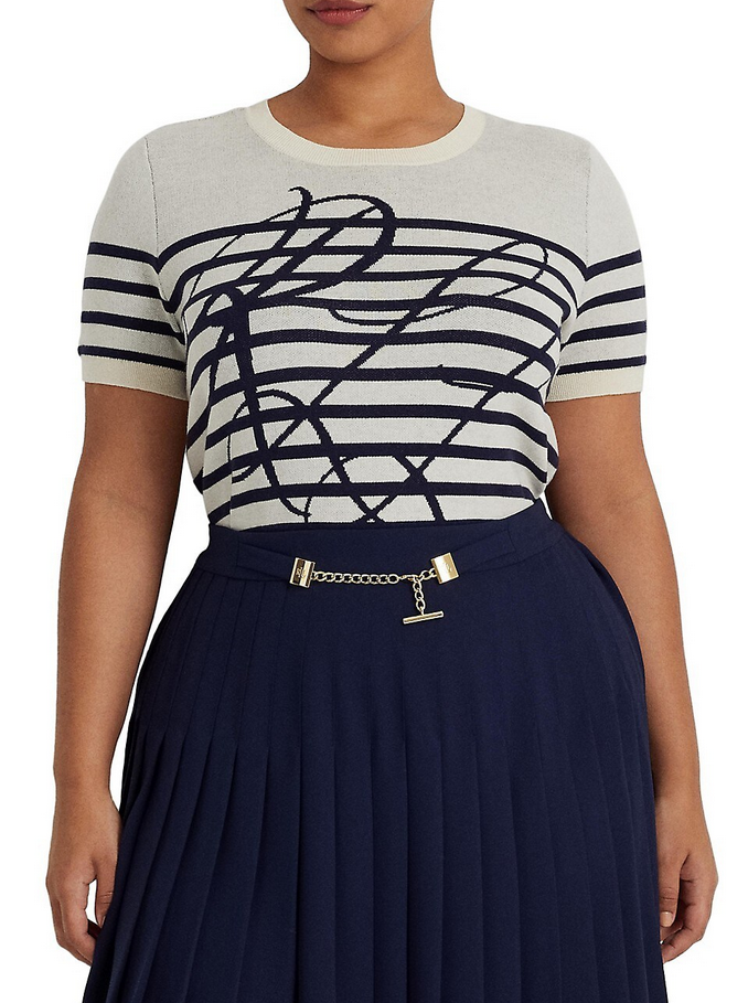 Lauren Ralph Lauren Plus Size Logo Striped Short-Sleeve Sweater