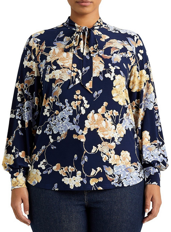 Lauren Ralph Lauren Plus Size Floral Tie-Neck Stretch Jersey Top