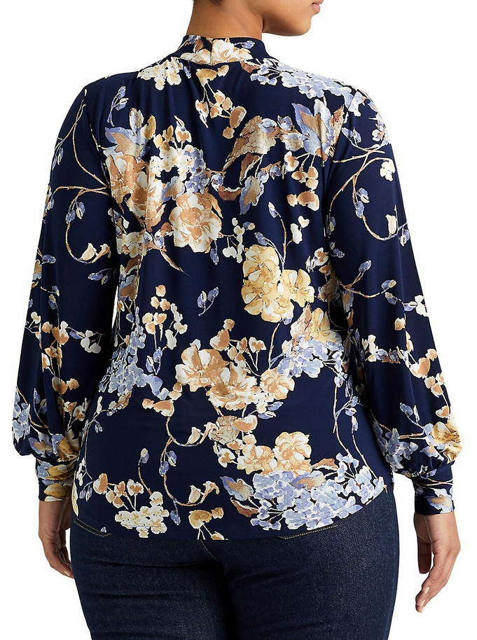Lauren Ralph Lauren Plus Size Floral Tie-Neck Stretch Jersey Top