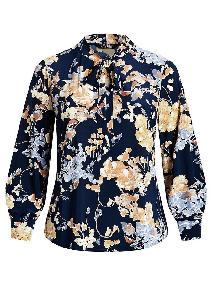 Lauren Ralph Lauren Plus Size Floral Tie-Neck Stretch Jersey Top