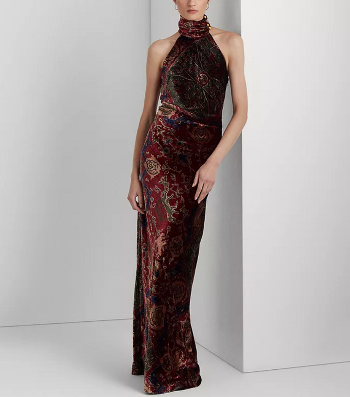 Lauren Ralph Lauren Printed Velvet Sleeveless Halter Gown