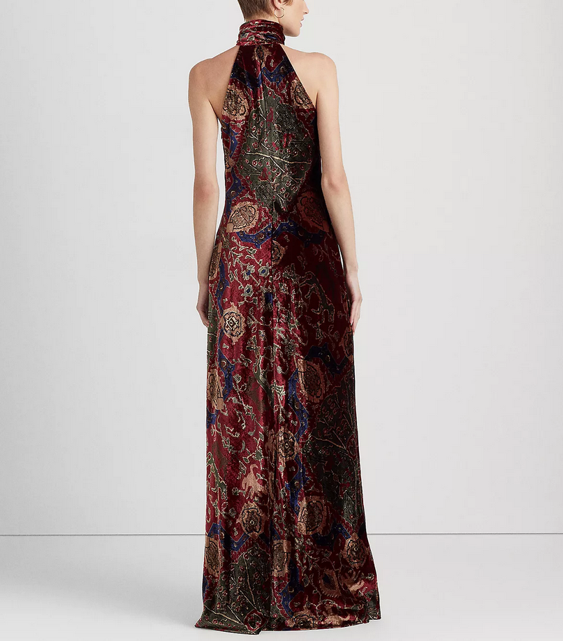 Lauren Ralph Lauren Printed Velvet Sleeveless Halter Gown