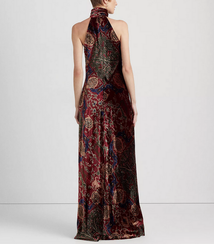 Lauren Ralph Lauren Printed Velvet Sleeveless Halter Gown
