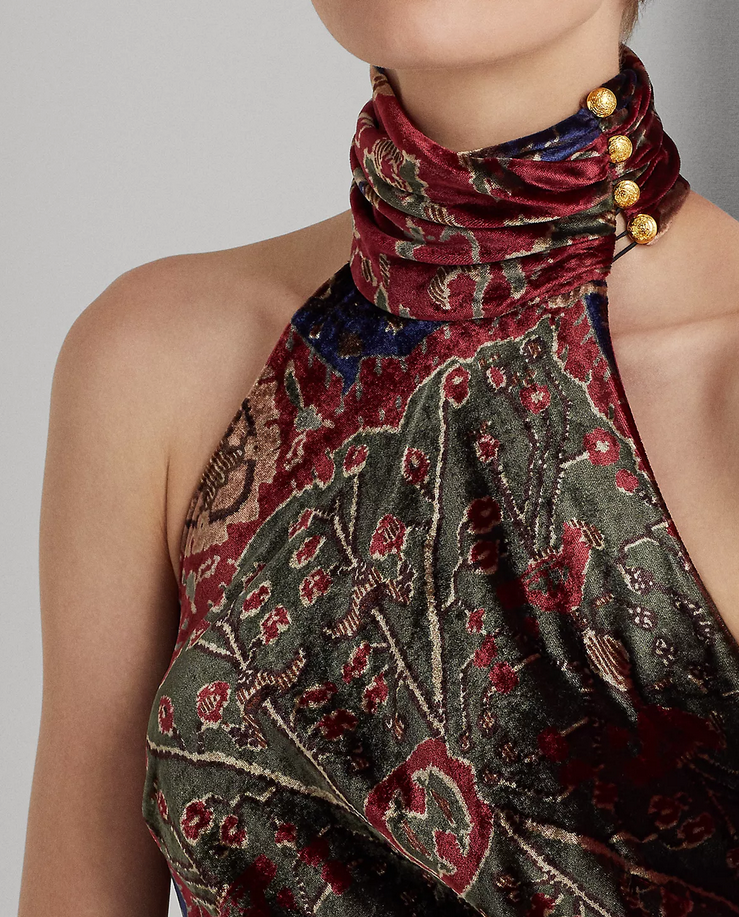 Lauren Ralph Lauren Printed Velvet Sleeveless Halter Gown