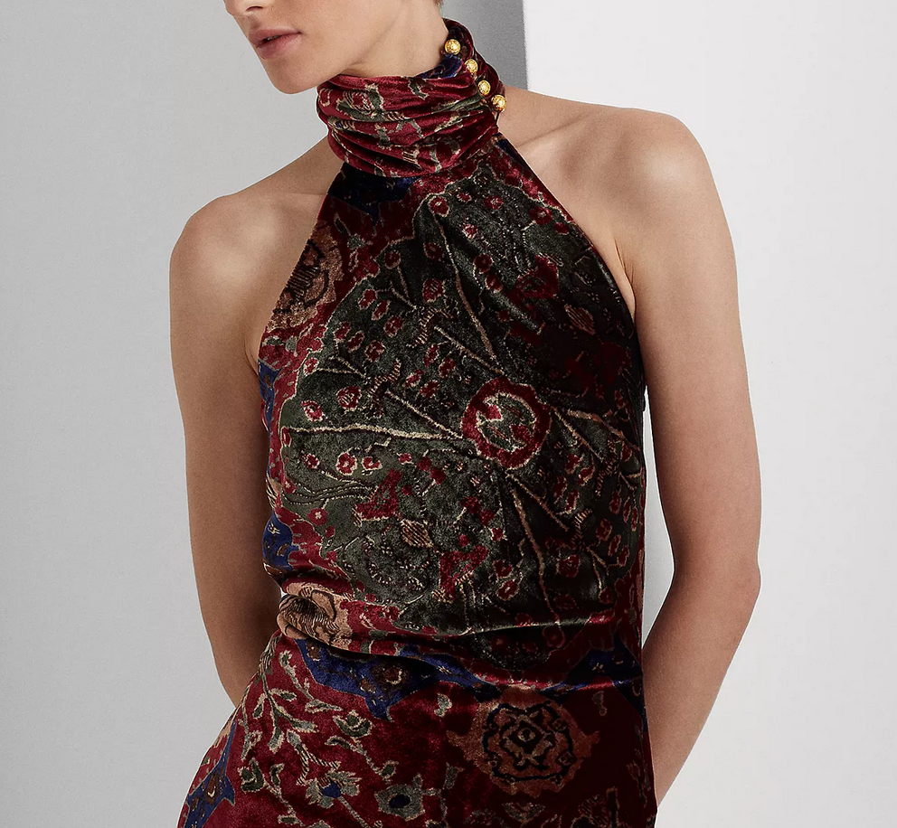 Lauren Ralph Lauren Printed Velvet Sleeveless Halter Gown