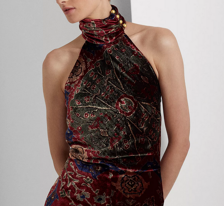 Lauren Ralph Lauren Printed Velvet Sleeveless Halter Gown