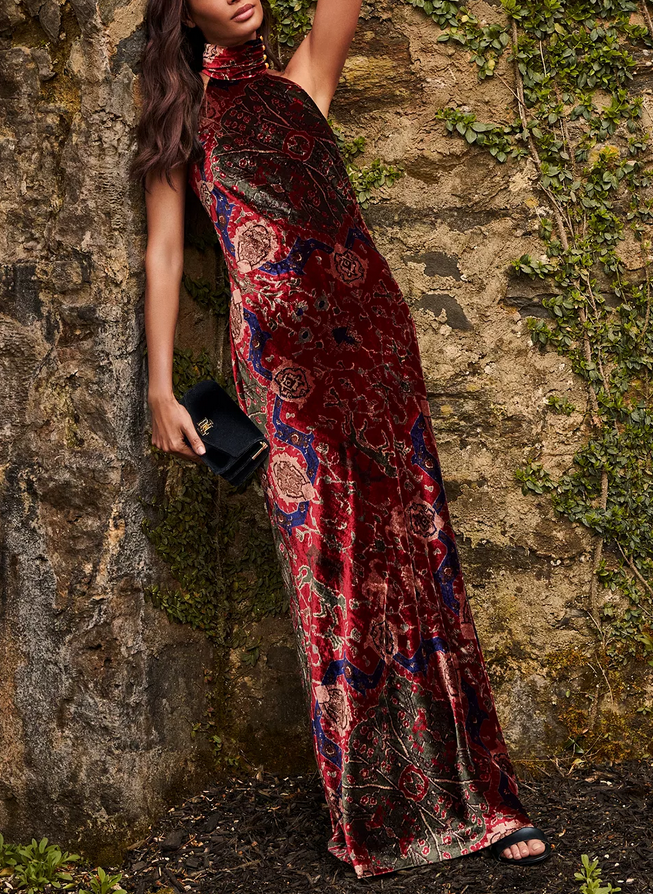 Lauren Ralph Lauren Printed Velvet Sleeveless Halter Gown