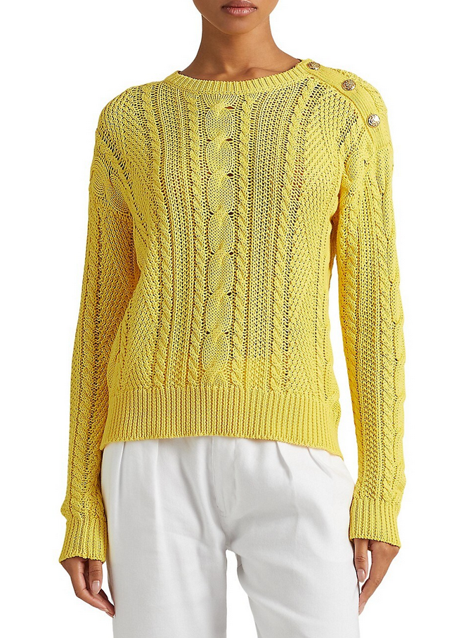 Lauren Ralph Lauren Aran-Knit Button-Shoulder Cotton Sweater