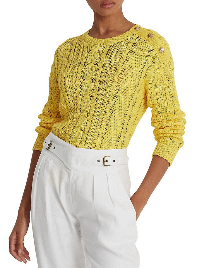 Lauren Ralph Lauren Aran-Knit Button-Shoulder Cotton Sweater