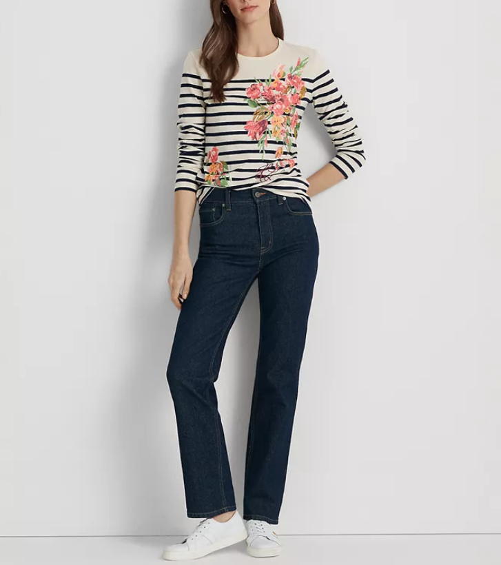 Lauren Ralph Lauren Plus Size Striped Floral Long Sleeve T-Shirt