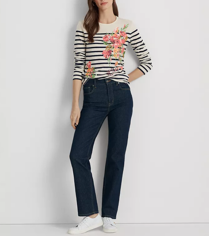 Lauren Ralph Lauren Plus Size Striped Floral Long Sleeve T-Shirt