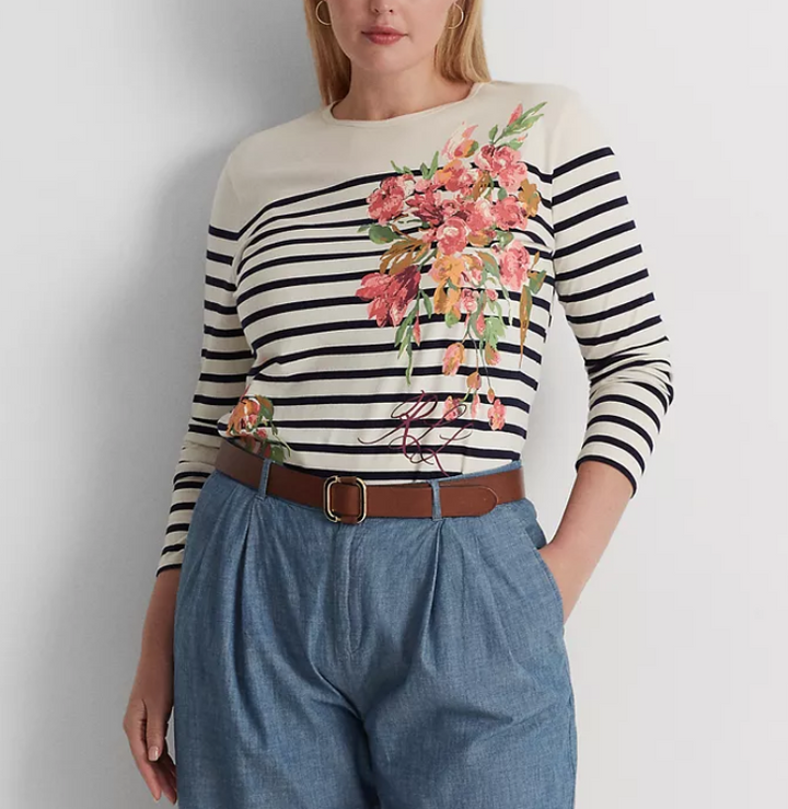 Lauren Ralph Lauren Plus Size Striped Floral Long Sleeve T-Shirt