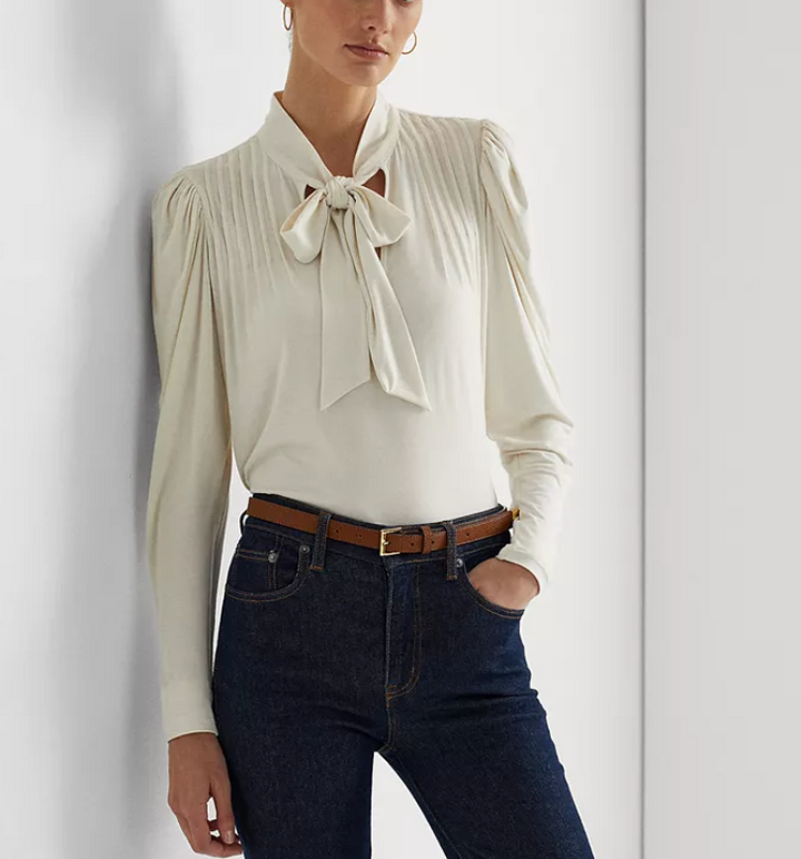 Lauren Ralph Lauren Women's Pleated Jersey Tie-Neck Top