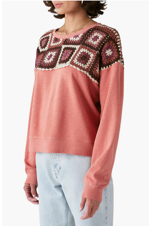 Lucky Brand Crochet Yoke Cotton Sweatshirt