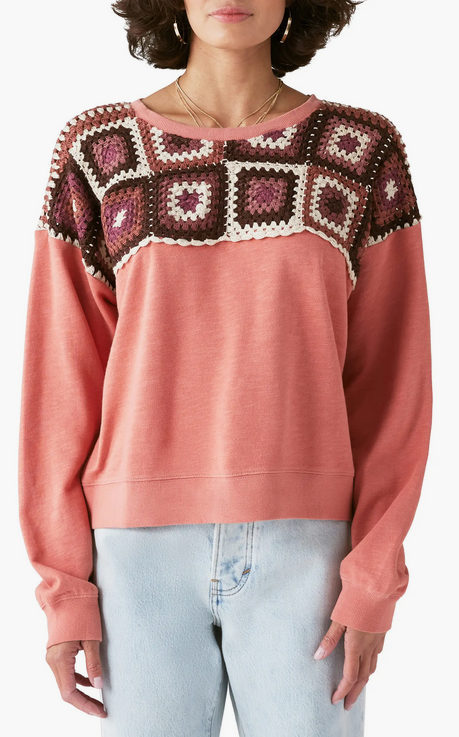 Lucky Brand Crochet Yoke Cotton Sweatshirt