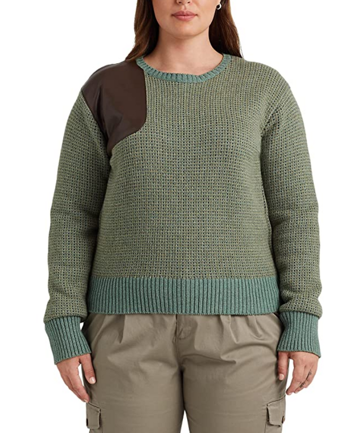 Ralph Lauren Plus Size Faux Leather Trim Wool Blend Sweater