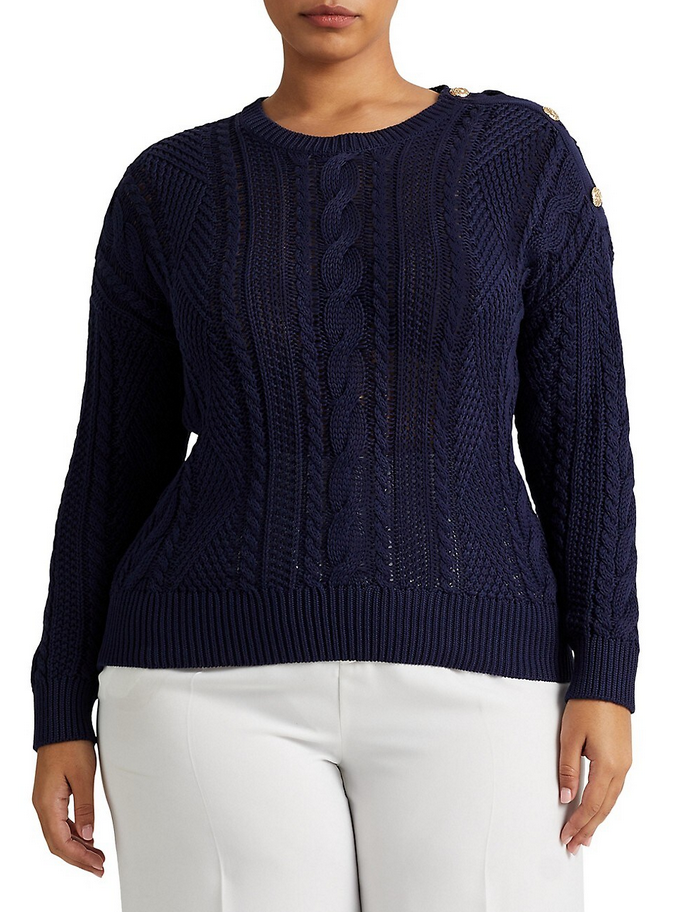 Lauren Ralph Lauren Plus Aran-Knit Button-Shoulder Cotton Sweater