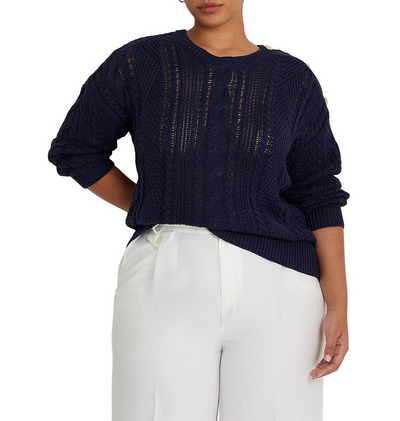 Lauren Ralph Lauren Plus Aran-Knit Button-Shoulder Cotton Sweater