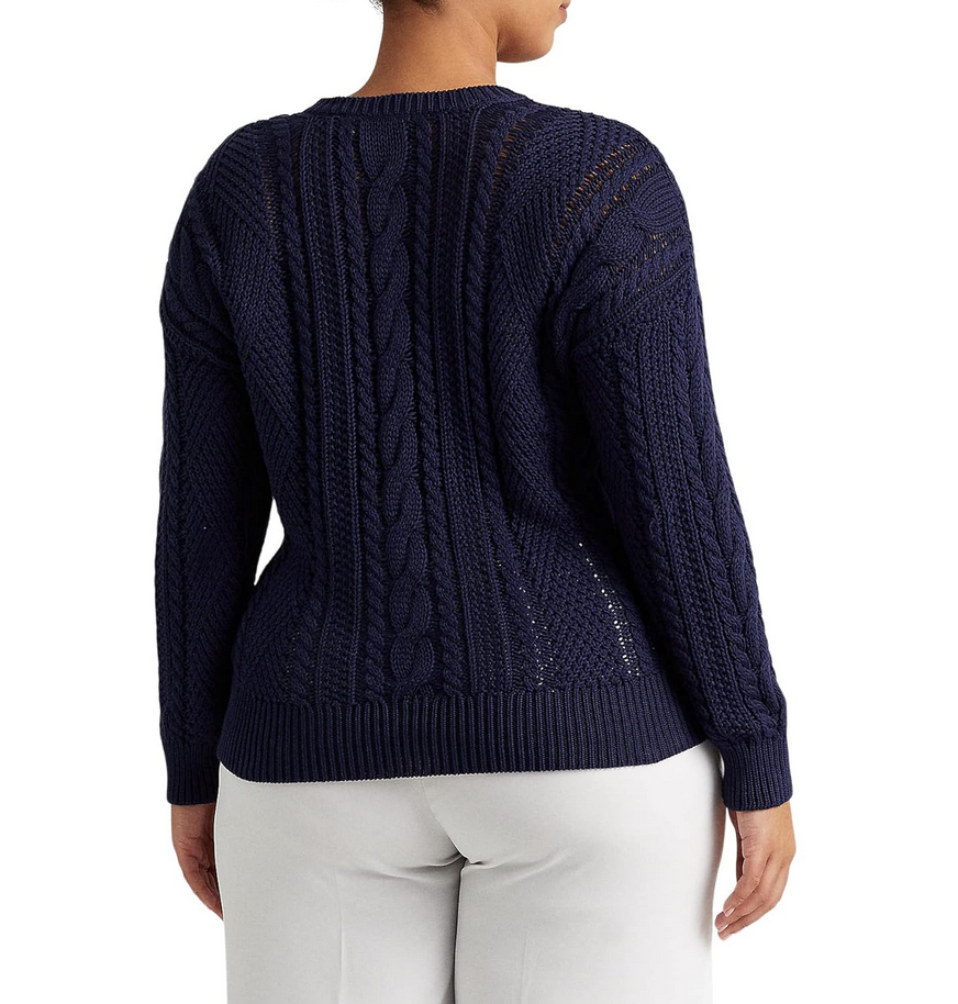 Lauren Ralph Lauren Plus Aran-Knit Button-Shoulder Cotton Sweater