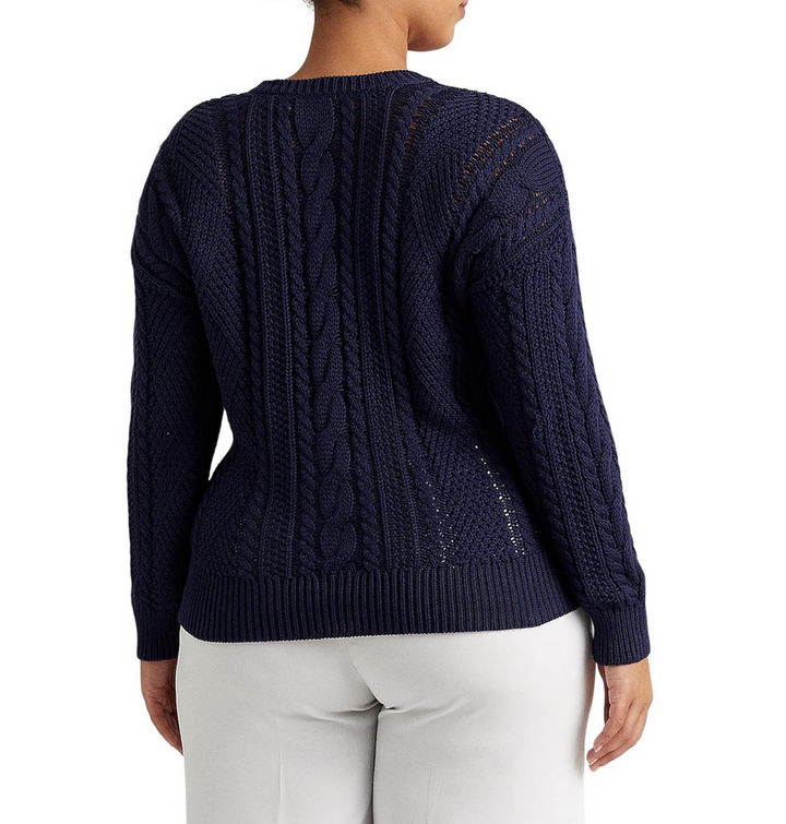Lauren Ralph Lauren Plus Aran-Knit Button-Shoulder Cotton Sweater