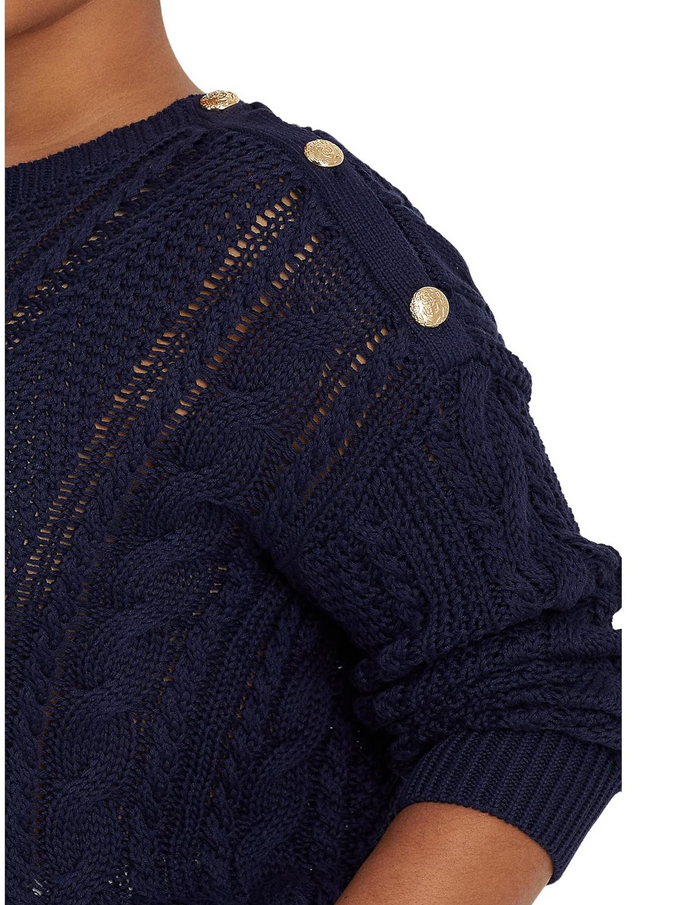 Lauren Ralph Lauren Plus Aran-Knit Button-Shoulder Cotton Sweater