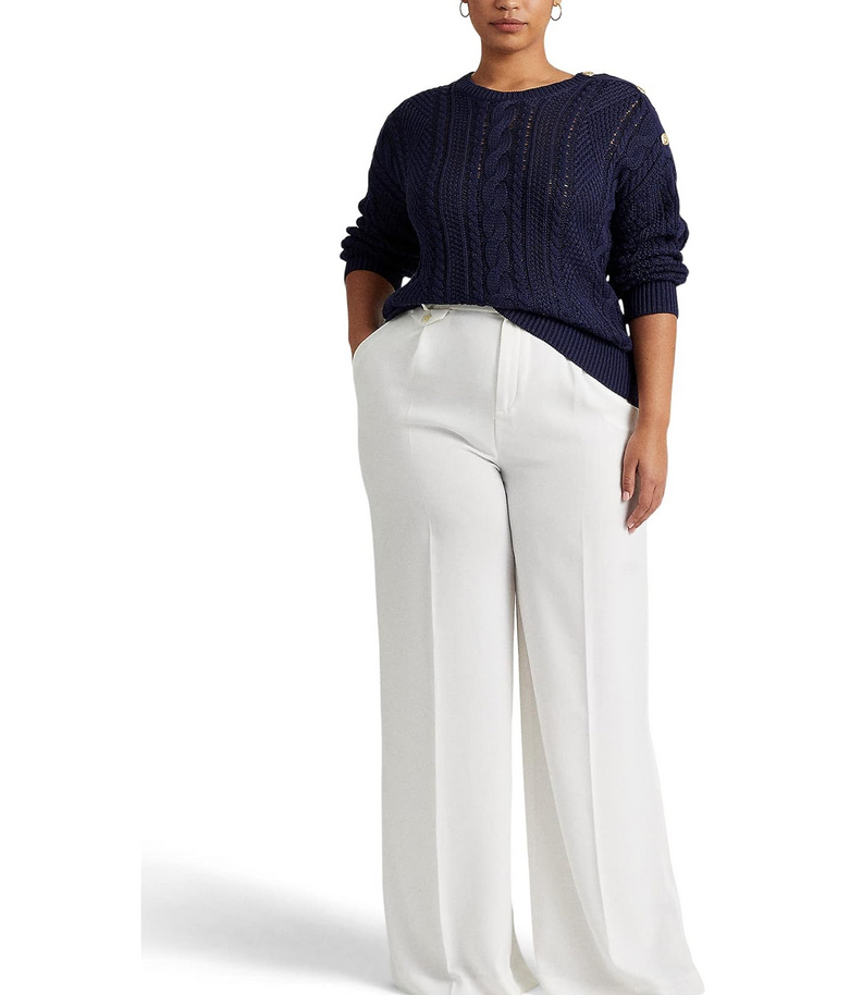 Lauren Ralph Lauren Plus Aran-Knit Button-Shoulder Cotton Sweater