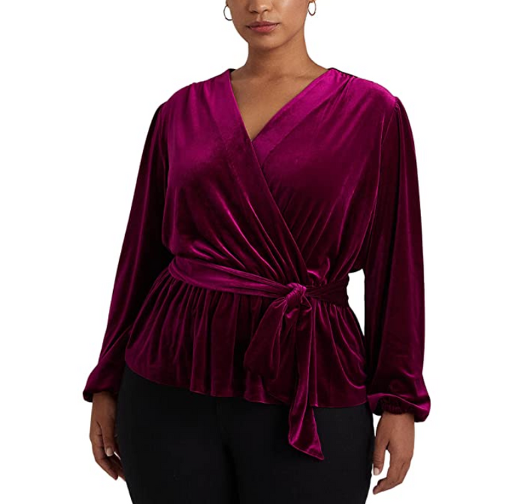 Ralph Lauren Plus Size Belted Velvet Peplum Surplice Top