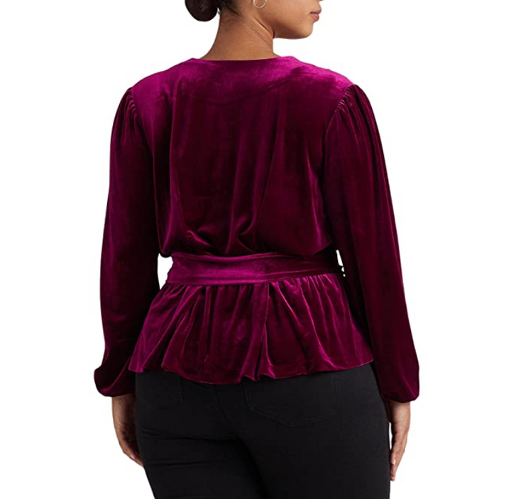 Ralph Lauren Plus Size Belted Velvet Peplum Surplice Top