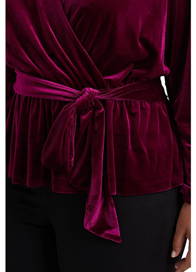Ralph Lauren Plus Size Belted Velvet Peplum Surplice Top