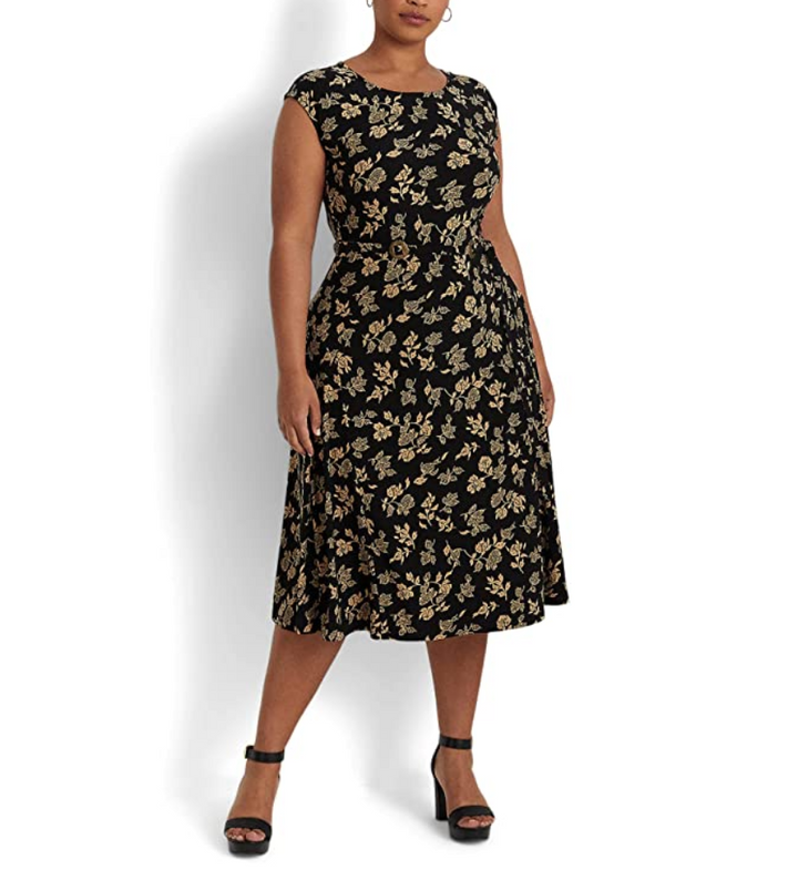 Lauren Ralph Lauren Floral Belted Jersey Cap-Sleeve Dress