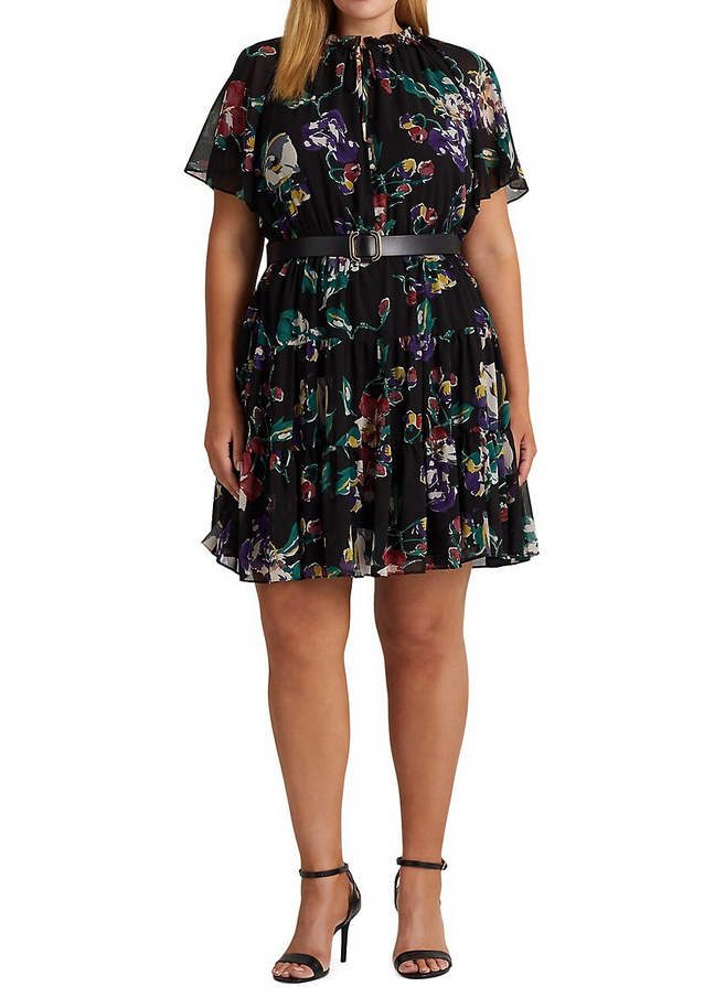 Ralph Lauren Plus Size Floral Print Crinkle Georgette Dress