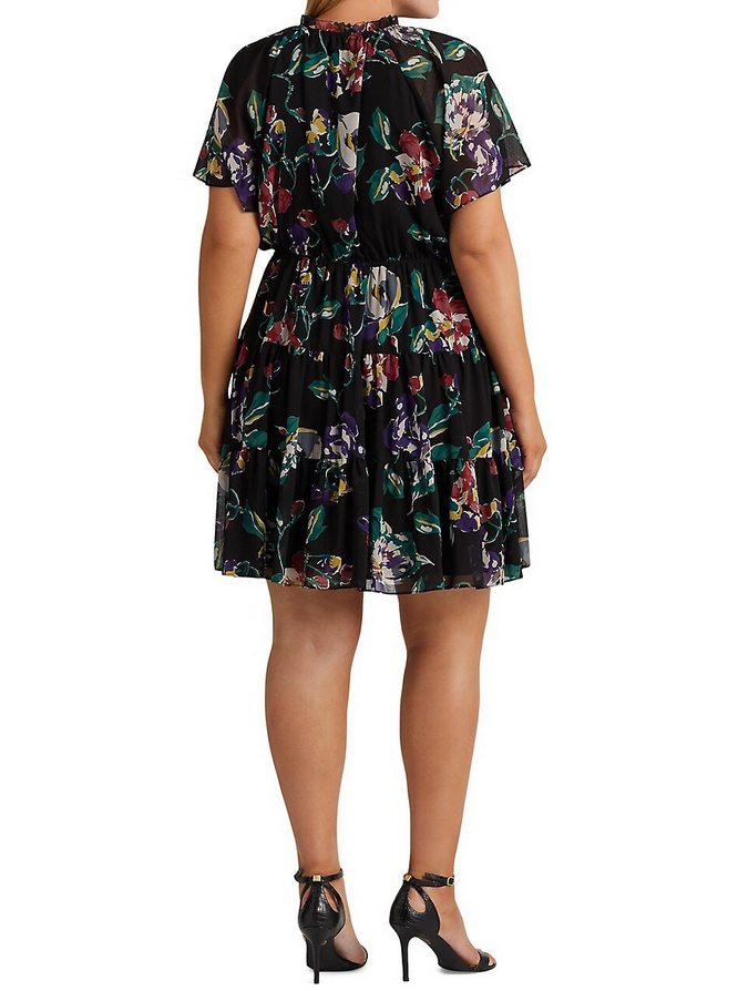 Ralph Lauren Plus Size Floral Print Crinkle Georgette Dress