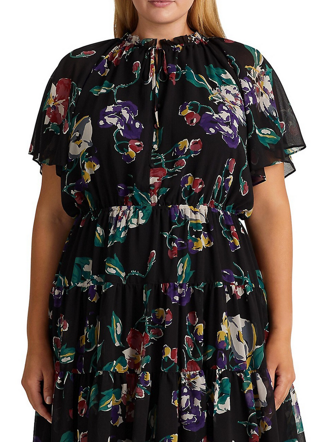 Ralph Lauren Plus Size Floral Print Crinkle Georgette Dress