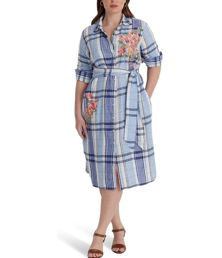 LAUREN Ralph Lauren Plus Size Floral & Plaid Linen Shirtdress