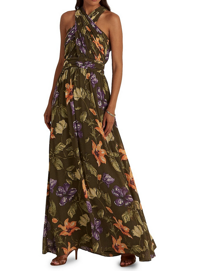 RALPH LAUREN Floral Crinkle Georgette Halter Gown