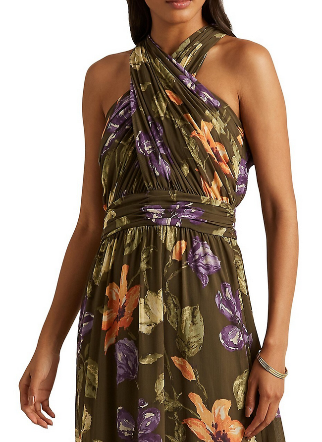 RALPH LAUREN Floral Crinkle Georgette Halter Gown