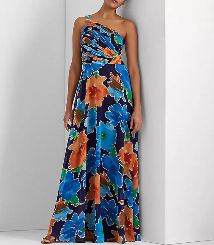 RALPH LAUREN Floral Georgette One-Shoulder Gown