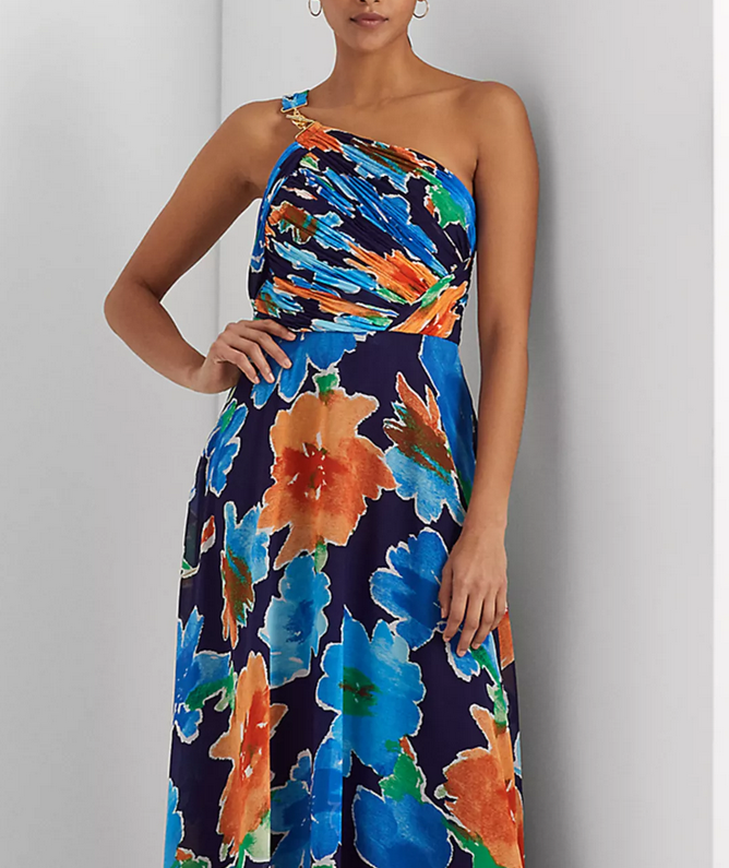 RALPH LAUREN Floral Georgette One-Shoulder Gown
