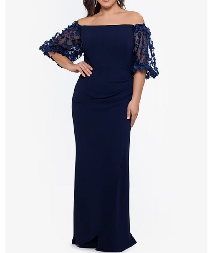 XSCAPE Petite Off-The-Shoulder Balloon-Sleeve Mermaid Gown