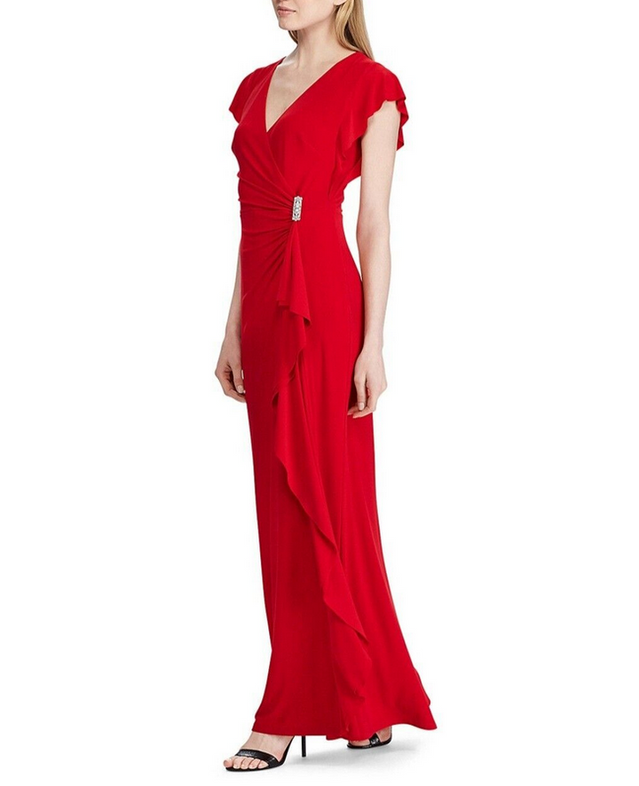 RALPH LAUREN Flutter-Sleeve Embellished Brooch Maxi Gown