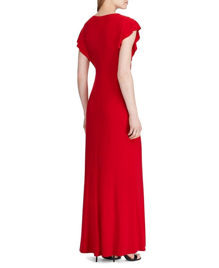 RALPH LAUREN Flutter-Sleeve Embellished Brooch Maxi Gown
