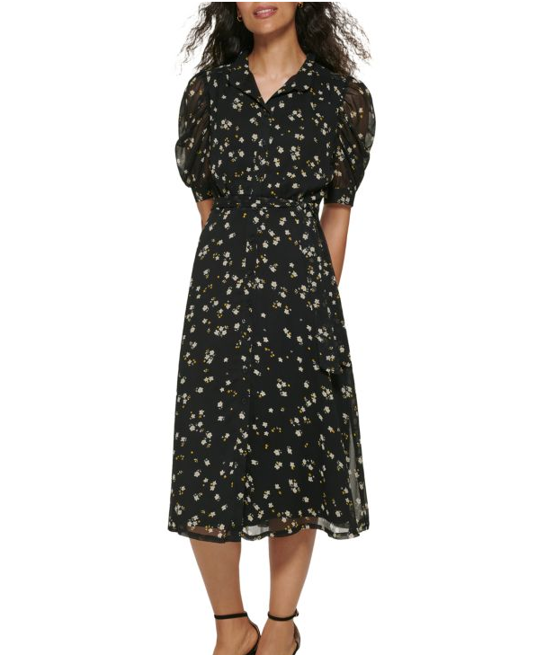 DKNY Floral Puff Sleeve Midi Dress