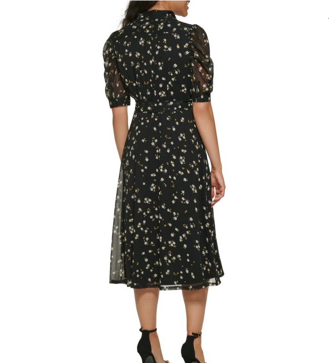 DKNY Floral Puff Sleeve Midi Dress