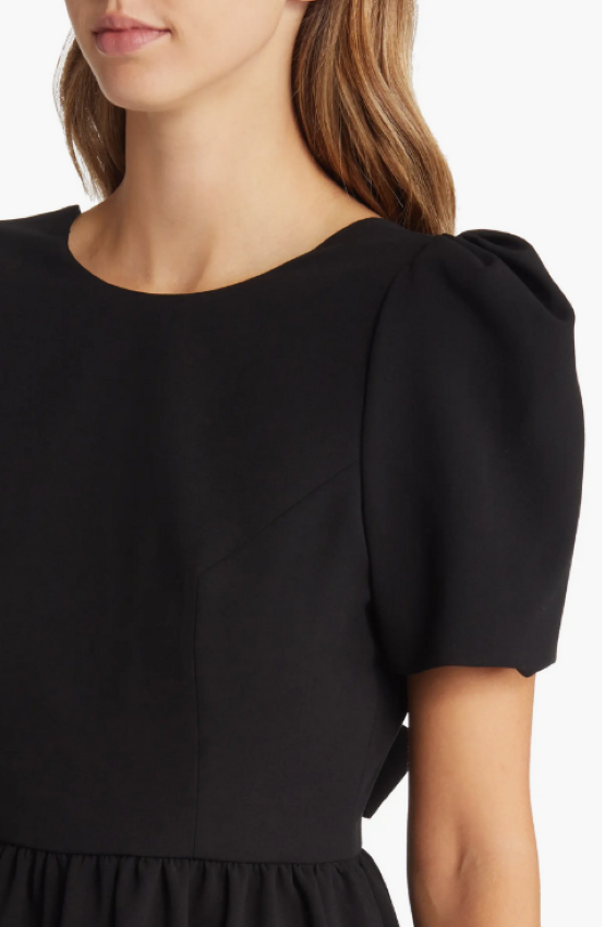 black halo booker mini dress Black Halo Booker Puff-Sleeve Bow-Back Mini Dress